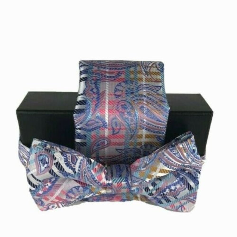 Barcelona Men's Bow Tie Hanky Set Blue Pink Silver Mustard Black Paisley Pattern